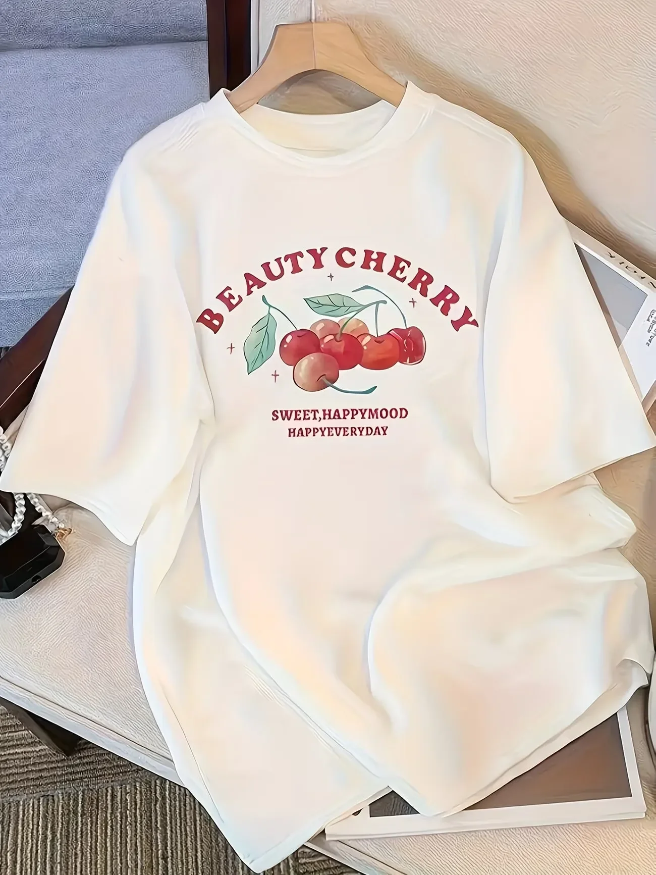 Camiseta Vintage con Estampado de Cerezas, Estilo Retro de los 90, Estampado de Frutas, Tops de Moda para Mujer, Camisetas Holgadas Informales de Manga Corta para Verano