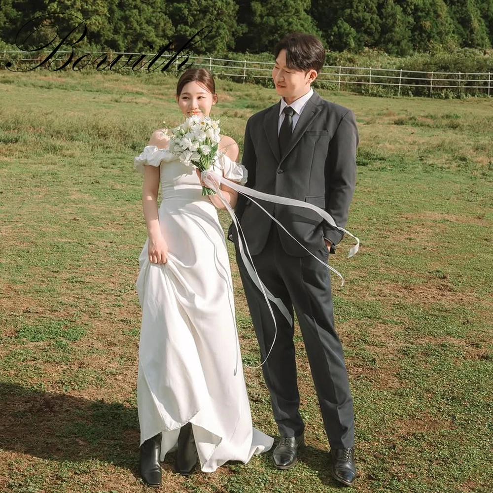 

Bowith Off Shoulder Korea Evening Dress Customized Outdoor Satin Wedding Dress Prom Dress A-Line Corset Back Bridal Gown