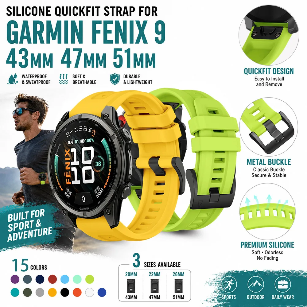 Silikon-Sportarmband für Garmin Fenix 9 43mm 47mm 51mm Fenix 8 7 6 Epix Pro Weiches Wasserdichtes QuickFit Ersatzarmband