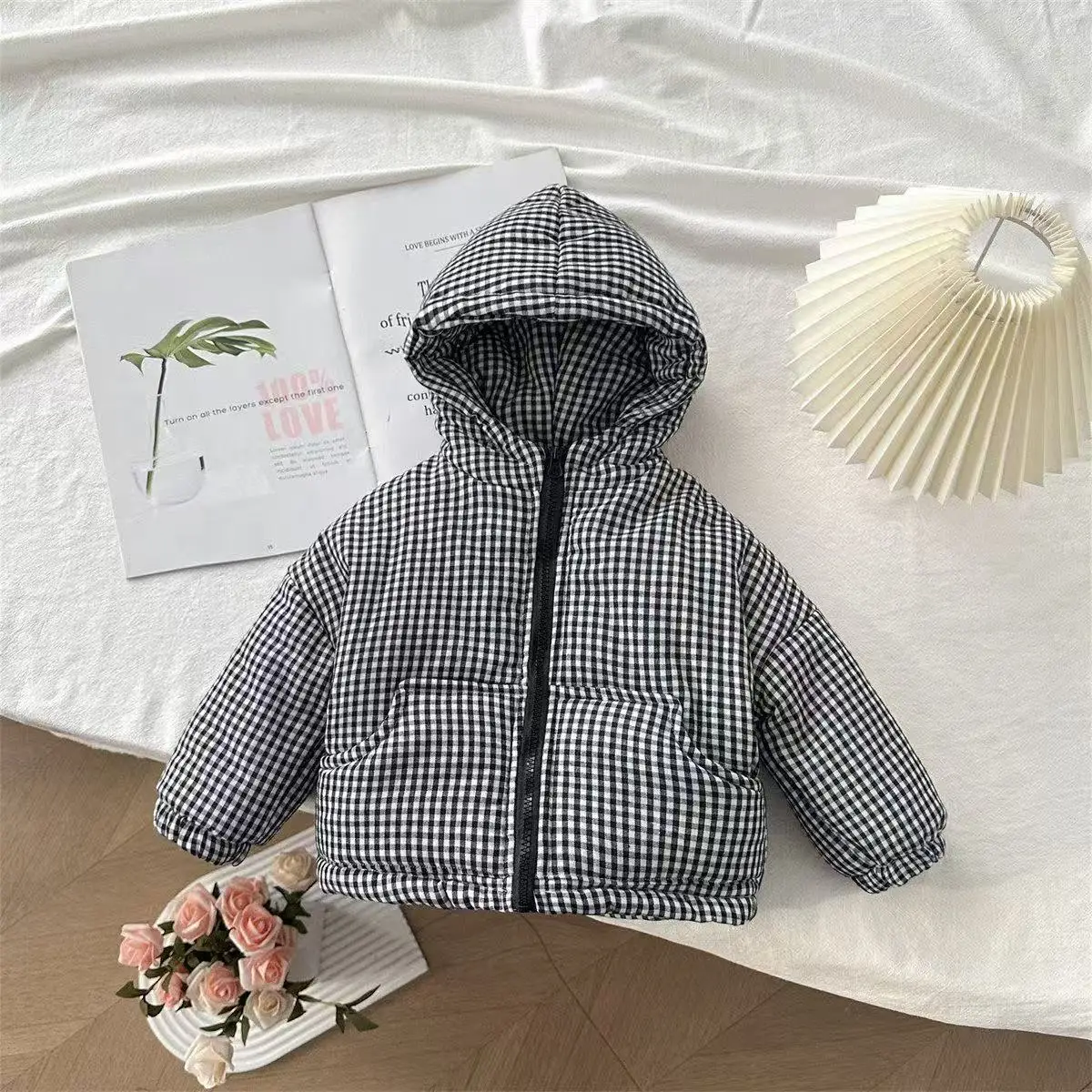 Baby Girl Cotton Padded Jacket Autumn And Winter 2025 New Children's Plush Thickened Hoodie Plaid Coat 80-130cm