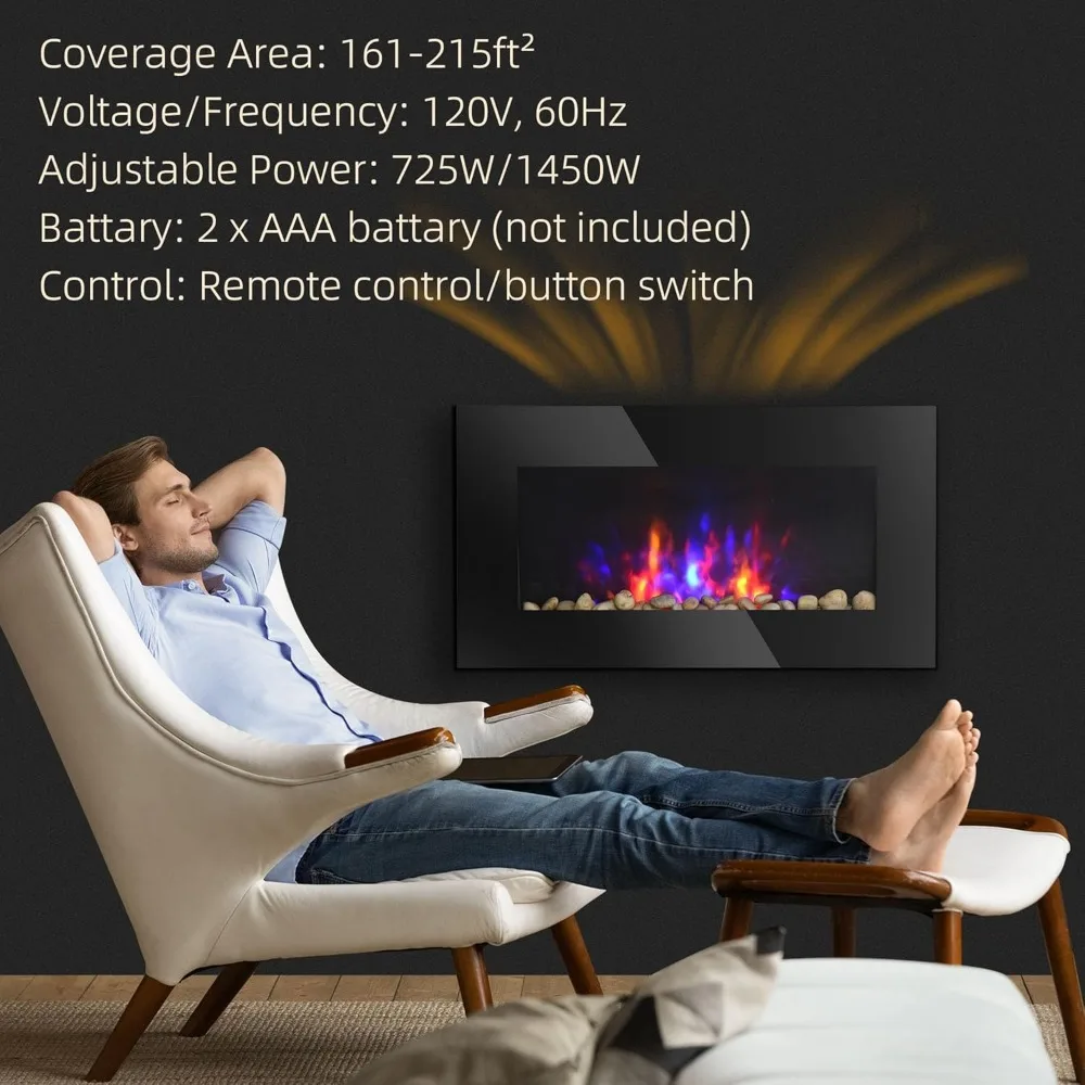 HOMCOM 29 Chimenea eléctrica, chimenea montada en la pared con 7 colores de llama LED ajustables, control remoto, calentador de chimenea para Li