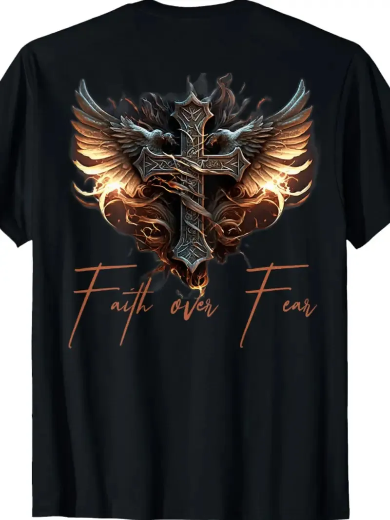 

Men's Faith Over Fear Graphic T-Shirt with Angel Wings & Cross Design