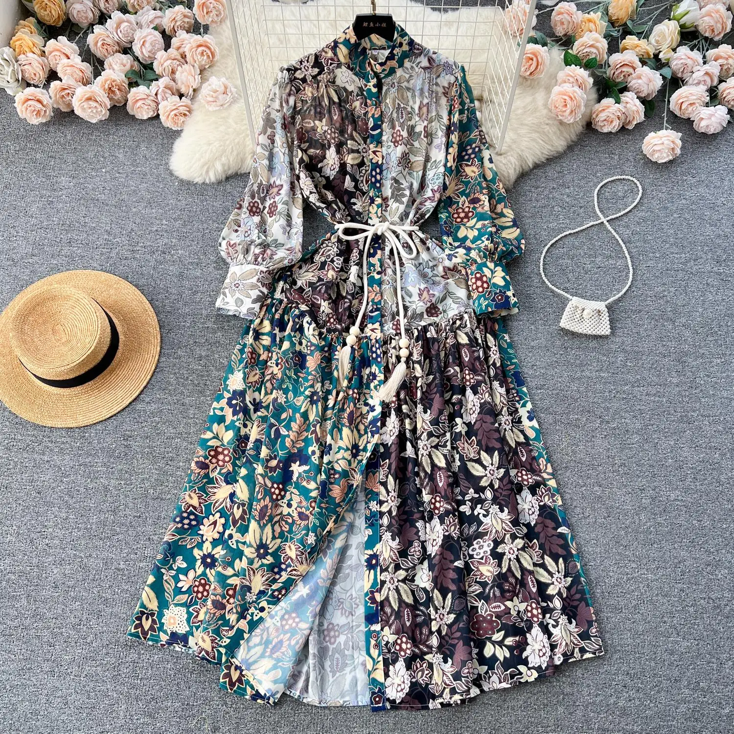 2024 primavera vacanza fiore vestito allentato supporto da donna manica lunga monopetto Lace Up stampa floreale abito in Chiffon Vestidos