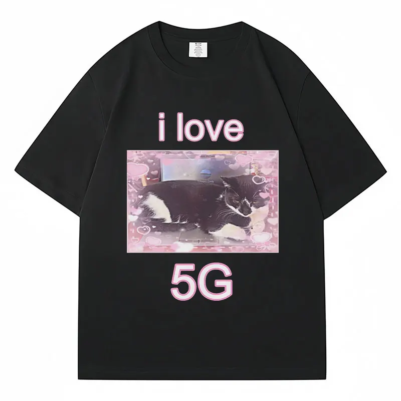 Fashion I Love 5g Cat on Laptop Print T Shirts Men Women Casual Oversized Short Sleeve Cozy Cotton Novelty T-Shirts Streetwear