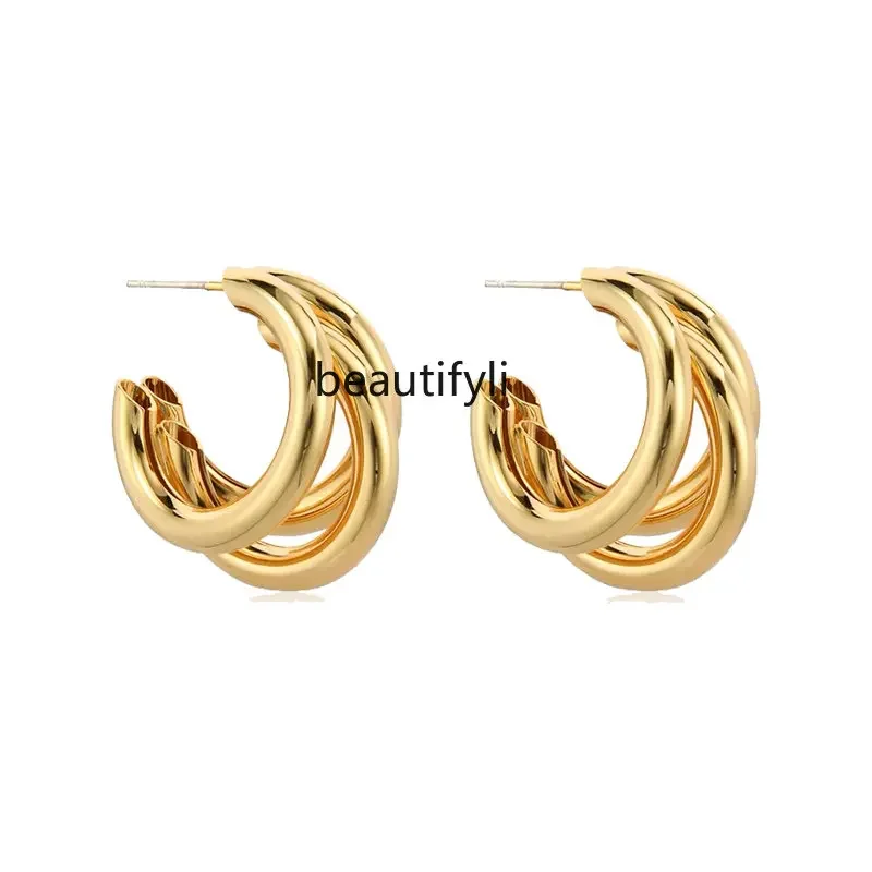 yj Personalized Design Earrings Hong Kong Style Ear Ring Light Luxury High-Grade Gold Graceful Earrings Women