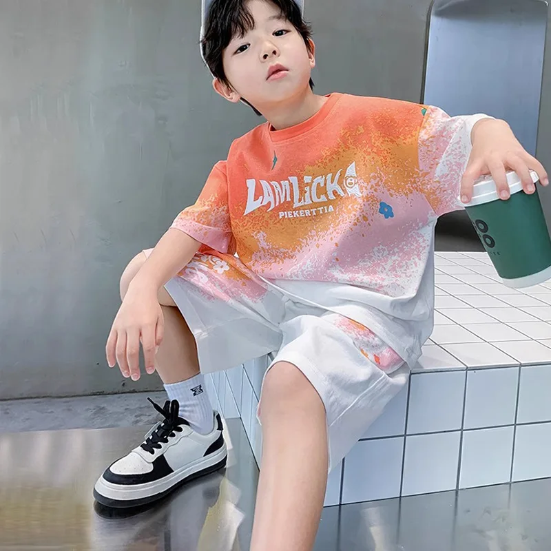 Summer Boys Clothing Sets Cotton Gradient Short Sleeve T-Shirt Shorts 2Pcs Sport Suit Teen Clothes Children Casual Outfits  789