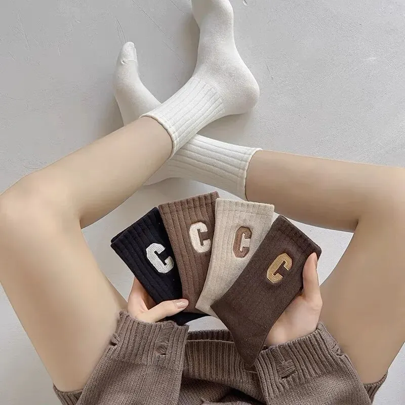 5 Pairs of Socks, Letter C, Medium Tube Embroidered Versatile Long Tube Socks, Solid Color Stacked Socks