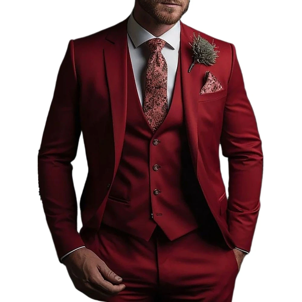 Fashion Red Men Suits Single Breasted Notch Lapel Slim Fit Wedding 3 Piece Jacket Pants Vest Blazer High Quality Costume Homme