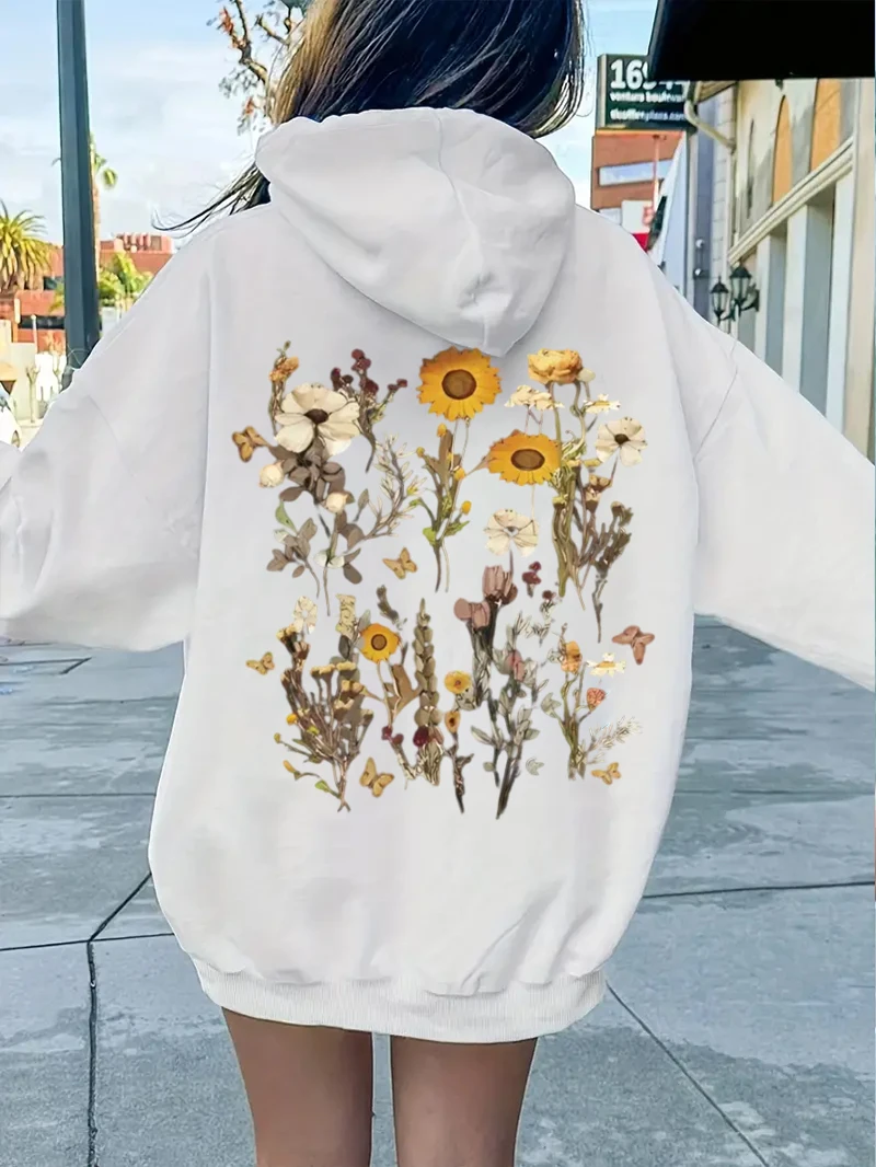 Cute Floral Print Women\'s Hoodie with Fashionable Design Loose and Casual Floral Women Clothing Autumn and Winter Fleece Hoodie