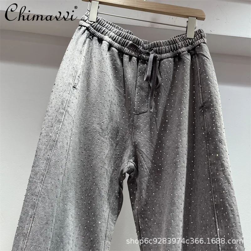 European Heavy Industry Hot Diamond Sweatpants Women\'s Elastic High Waist Tied Casual Pants Autumn New Fashion Loose Sweatpants