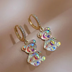 Cute Bear Earrings For Women Shiny Zircon Earrings New Trendy Golden Copper Drop Earring Party Jewelry Girls Gifts（No Box）