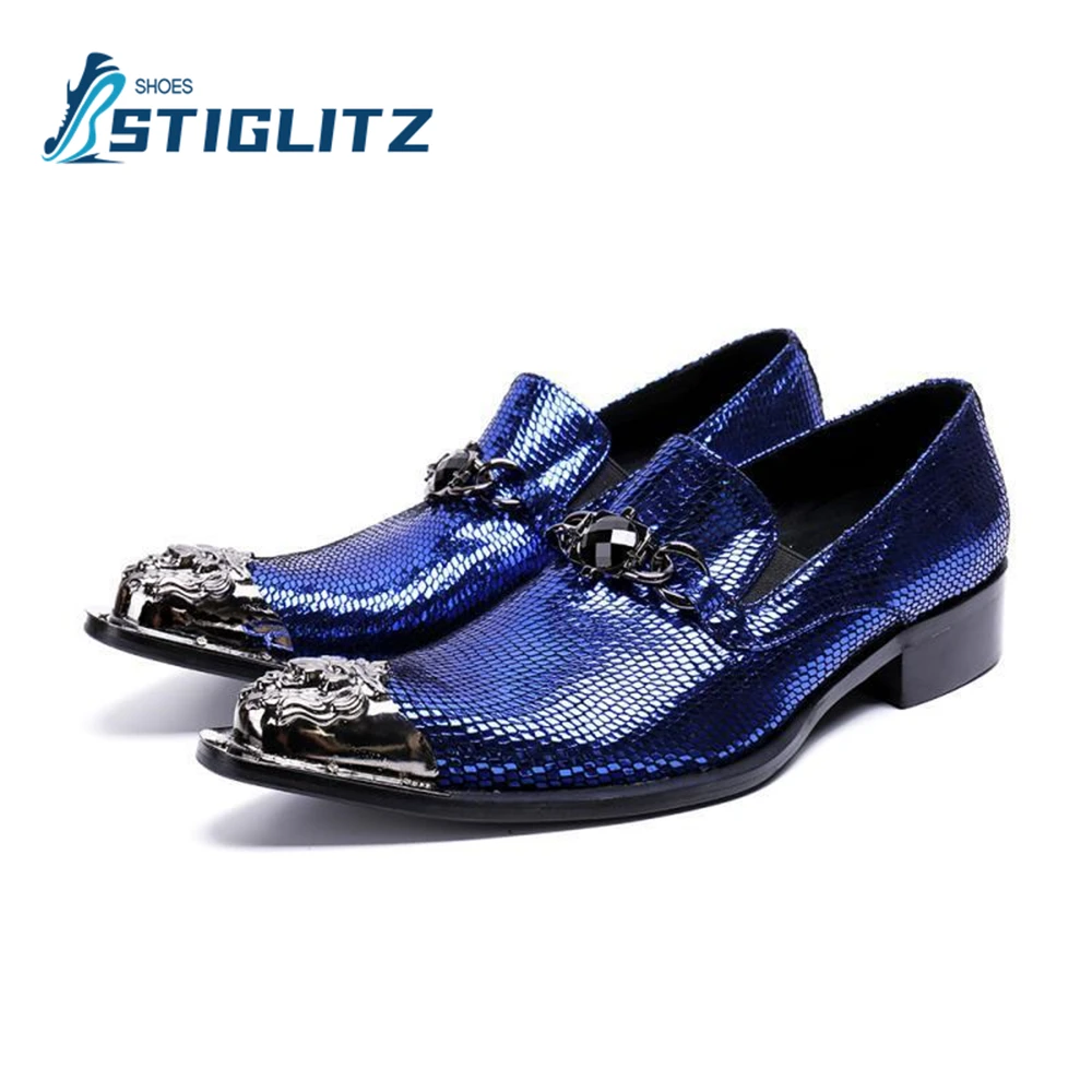 

Sequined Genuine Leather Loafers Point Metal Toe Luxury Men's Shoes Banquet Performance Dress Shoes Fashion Chelseas Casual Shoe