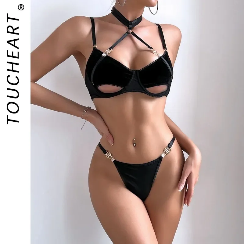 Toucheart 2 Piece Set Sexy Underwear For Women See-Through Halter Neck Comfortable Garter Buckle Solid Color Sexy Lingerie Set