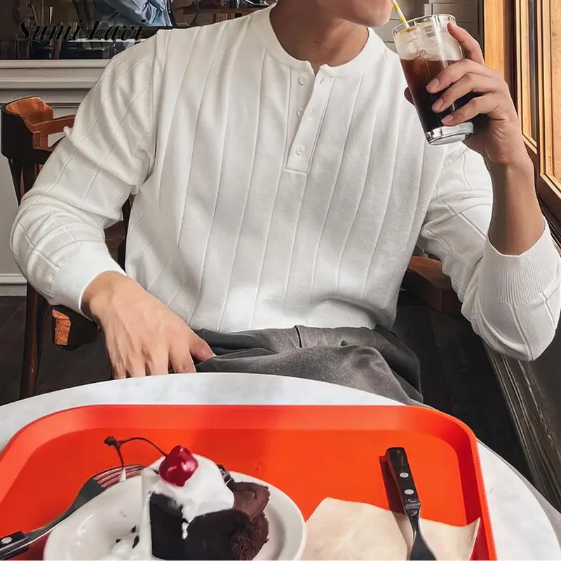 

Stylish Mens Slim Pullover Tops 2026 Spring Fall Casual Solid Color Knitted Sweaters Men Clothing Vintage Button Henley Shirts