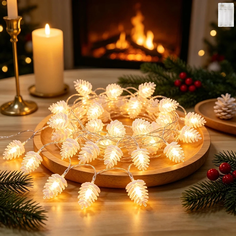 1pc White Plastic Pine Cone String Lights, 304cm 20LED, for Indoor Background Decor, Christmas Tree Wrapping, Holiday DIY
