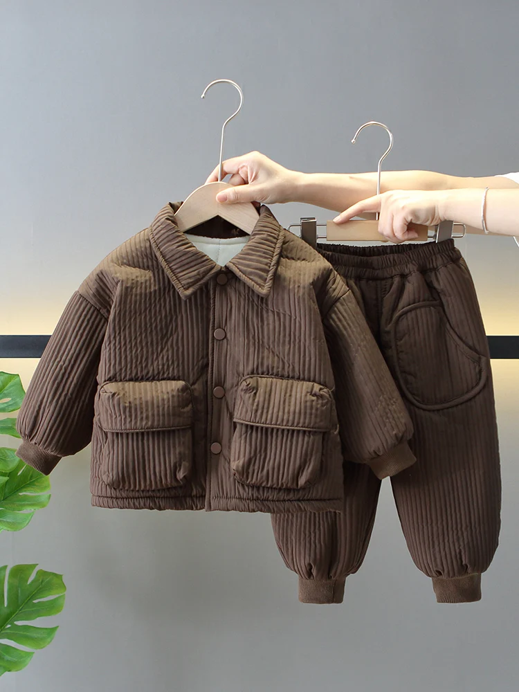 Winter Korean Casual Children Outfits Fashion Style Lapel Striped Fleece Thick Baby Boys Clothes Suit Infant Solid Warm 2PCS