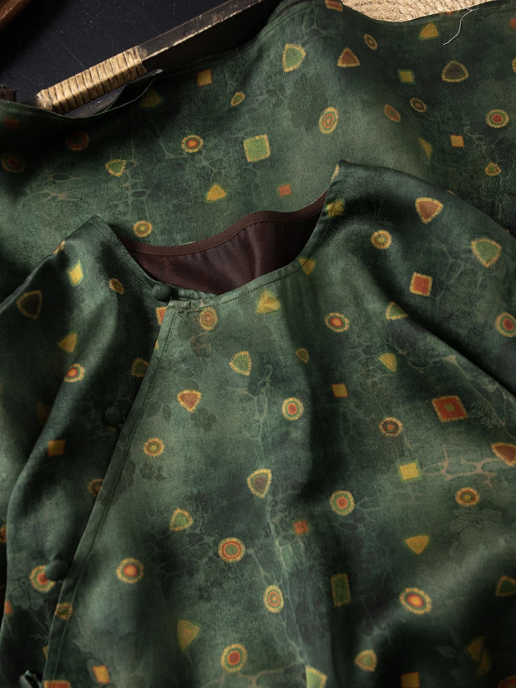 Geometric Green Versatile Cool Chinese Style Diagonal Buckle 100%Natural Mulberry Silk Fragrant Cloud Yarn Women's Fashion Dress