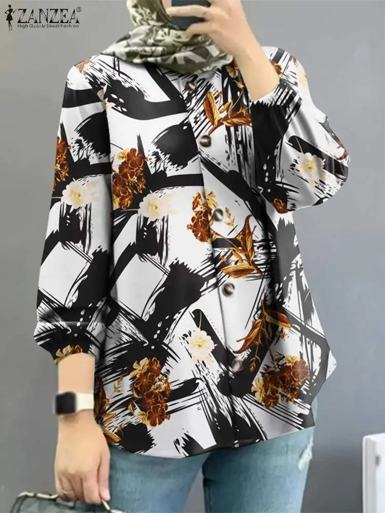 ZANZEA-Blusa musulmana Vintage con estampado Floral para mujer, Tops informales con botones, ropa islámica, camisa de trabajo de manga larga, Otoño,