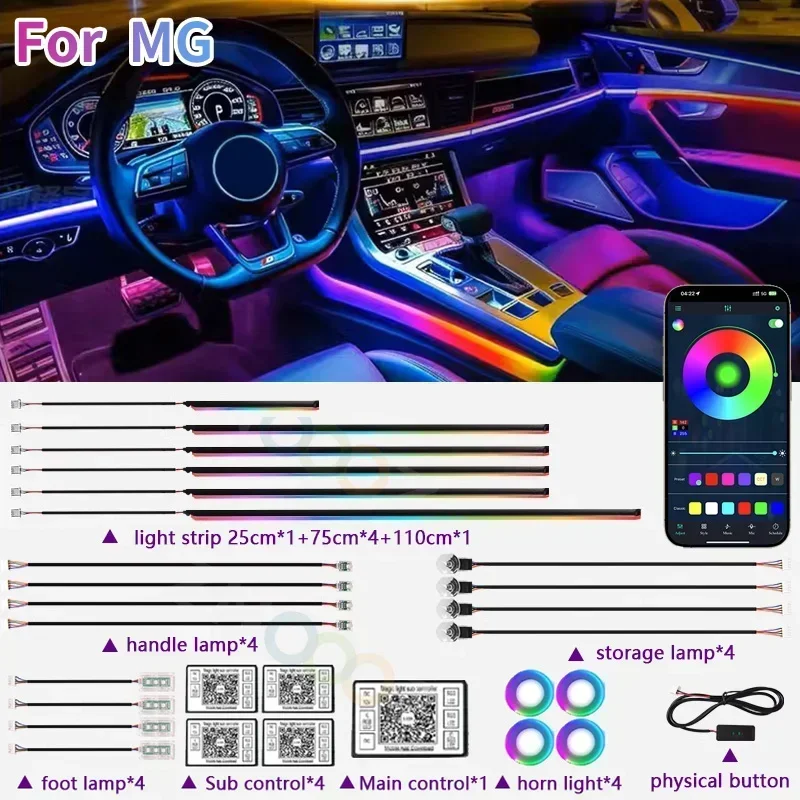 RGB 22in1 Car Interior Acrylic Car Ambient Lights For MG MG4 ZS EV MG6 EZS HS EHS Roewe RX5 I6 I5 RX3 RX8 ERX5 Accessories