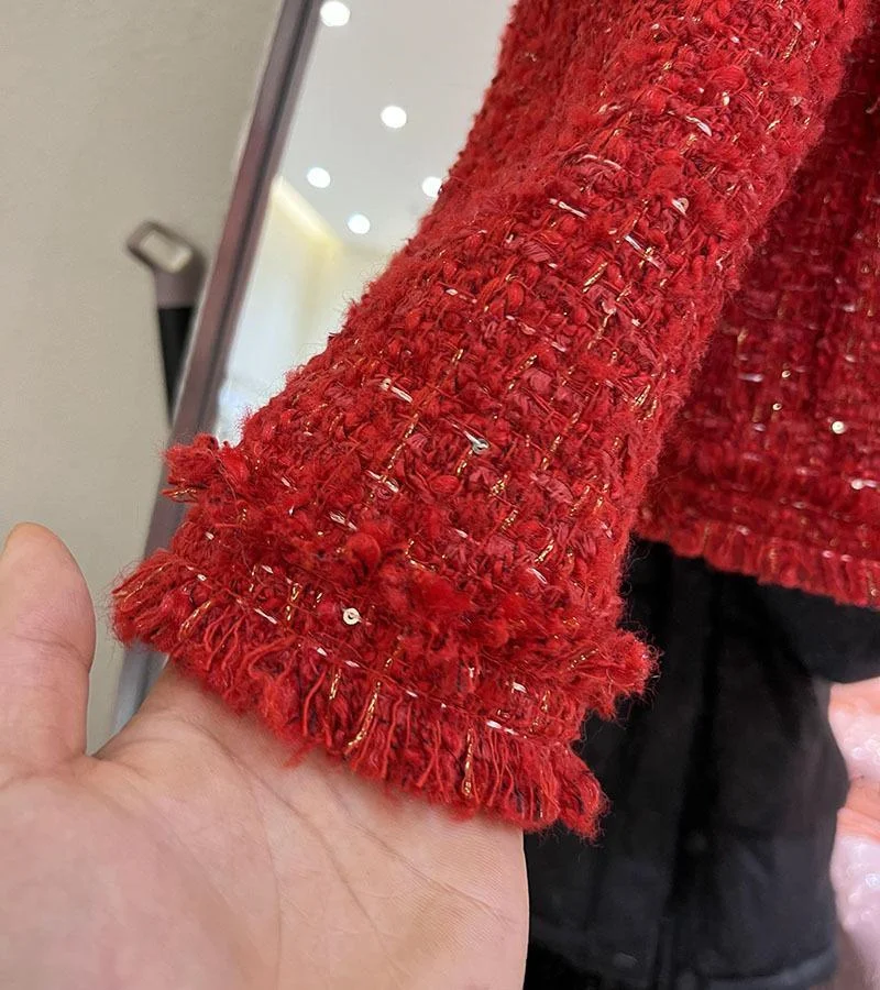 Red Cropped Tweed Coat Women Korean Fashion Long Sleeve Autumn Winter Jacket Single Breasted Down Cotton Lined Warm Lady Outwear