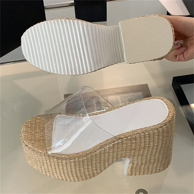 

Aneikeh Summer PVC Jelly Transparent Design Platform Wedges Women Slippers Fashion Open Toe Thick Bottom High Heels Slide Shoes