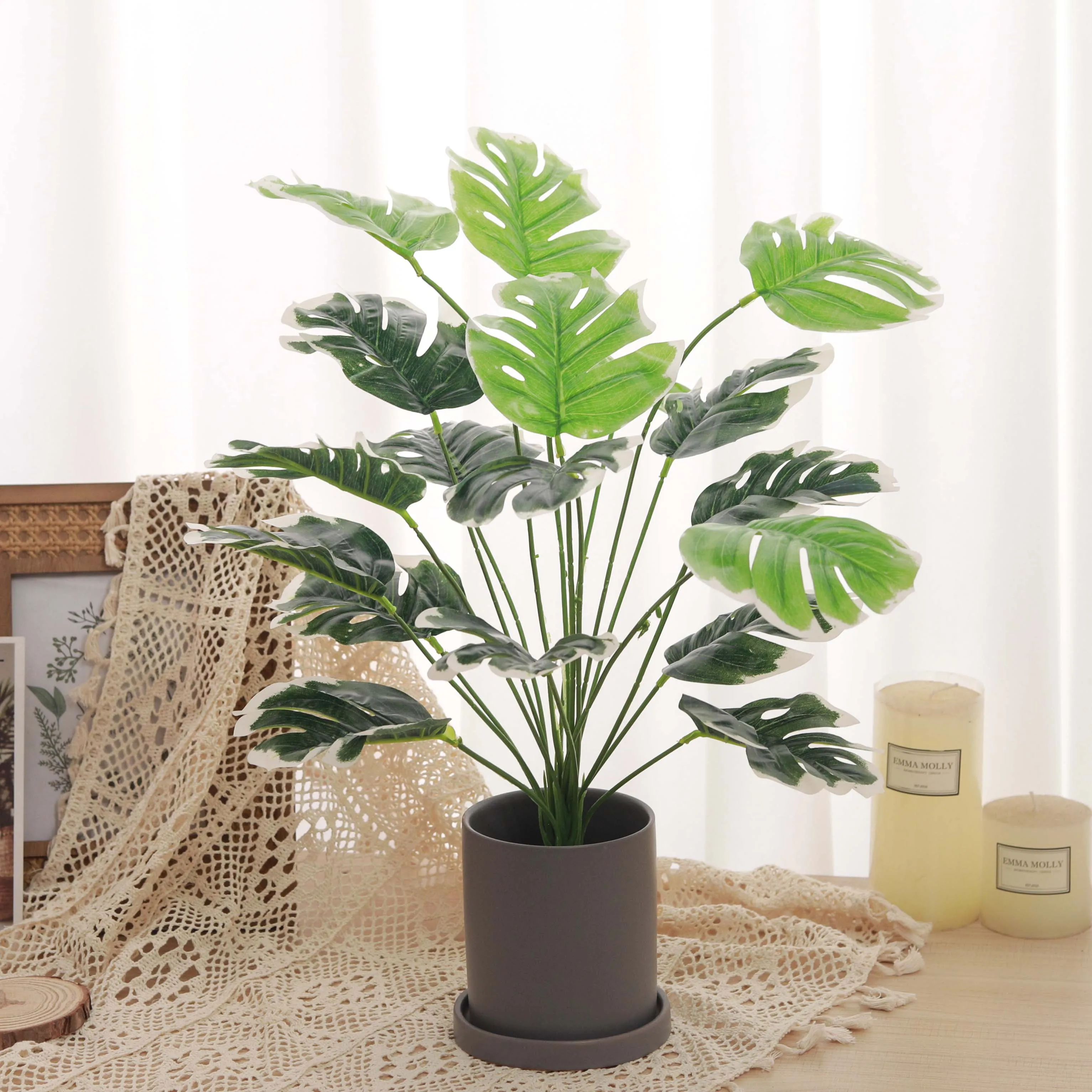 Green Monstera Artificial Plant Tropical Palm Plastic Tree Leave Decorative Fake Flower Garden Wedding Home Decoration Accessory