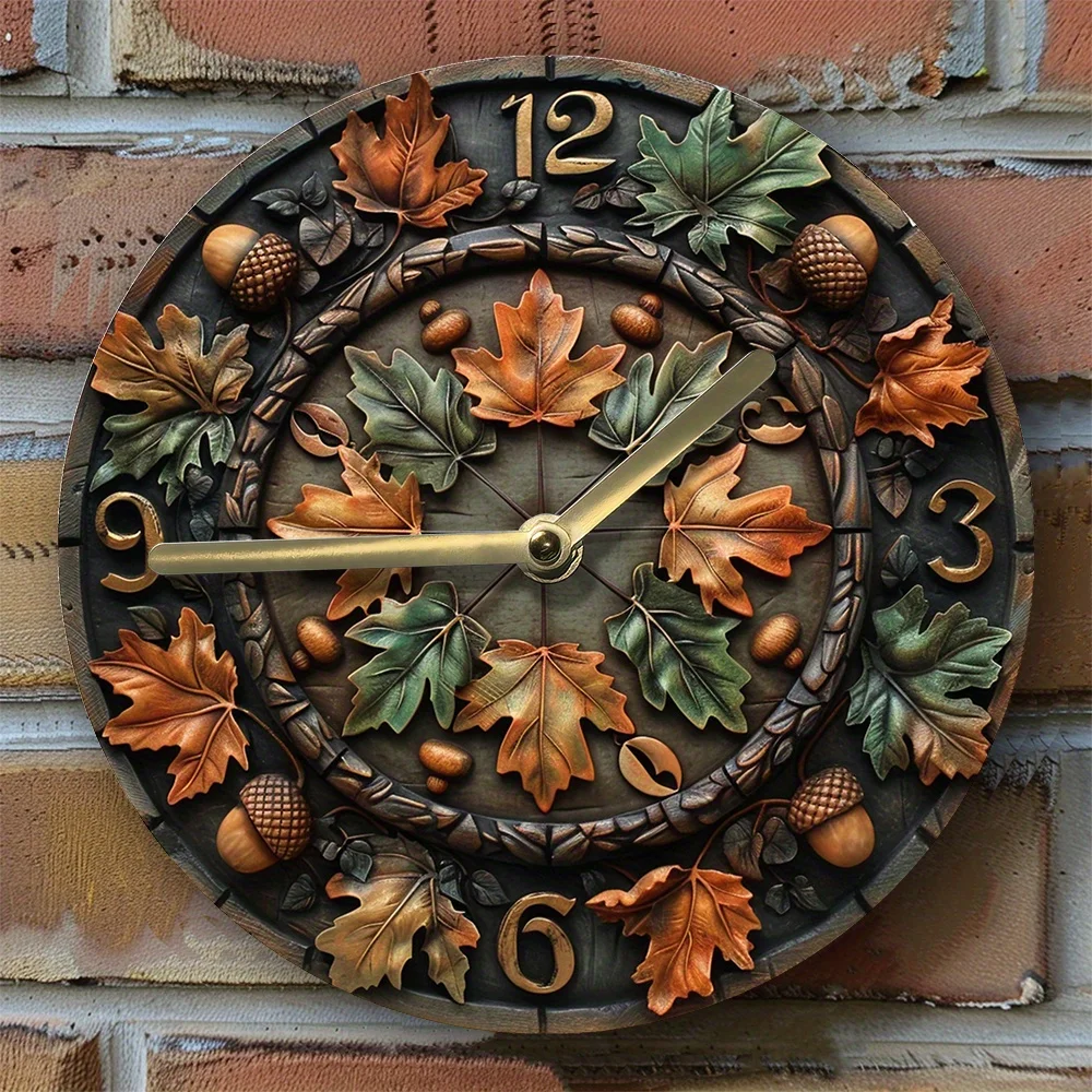 Elegant Silent Wall Clock with Acorn & Oak Leaves - Aluminum, Ideal for Living Room Decor Wall Clock Modern Design