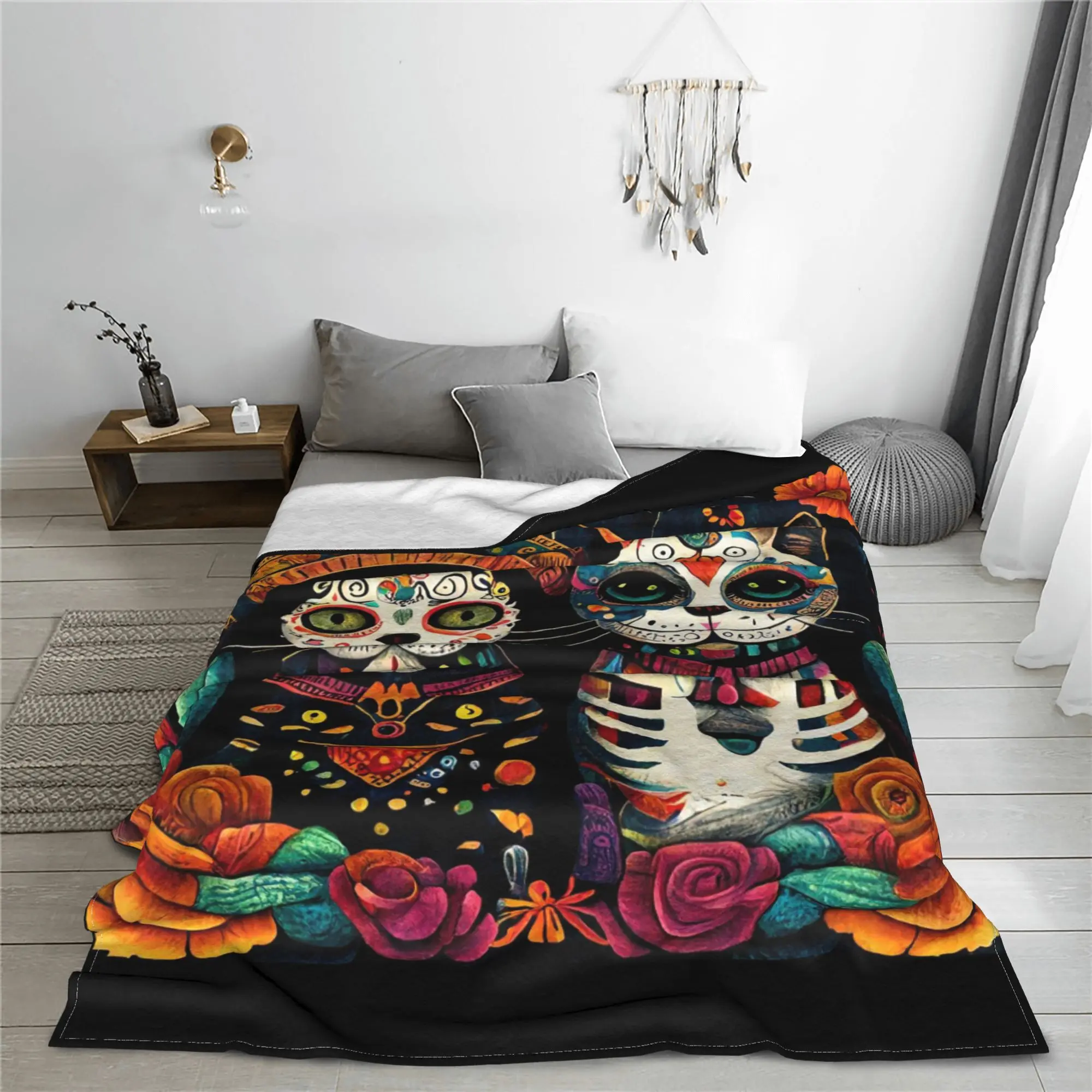 

Day Of The Dead Kitten Cat Sugar Skull Dia de Los Muertos Blanket Fleece Sofa Throw Blanket for Home Bedroom Throws Bedspread