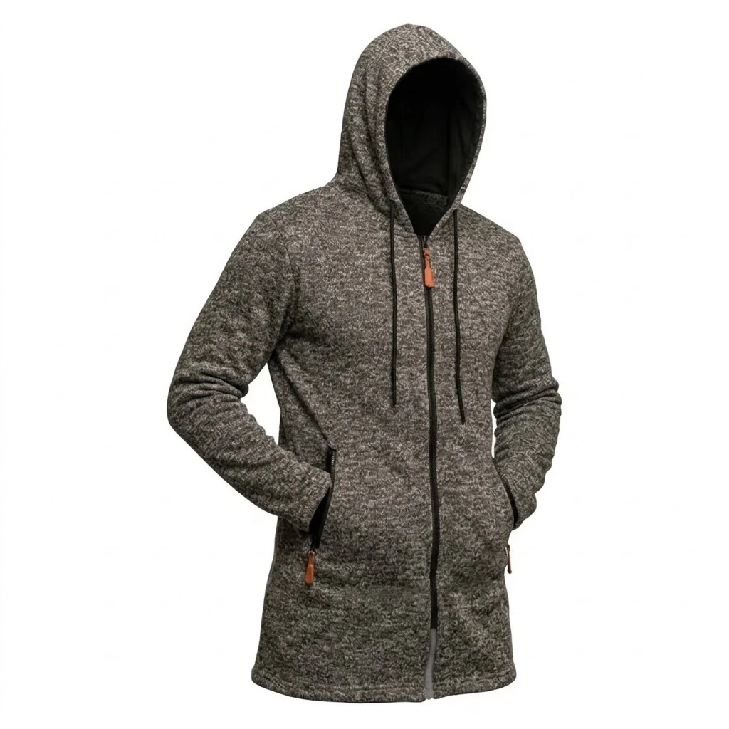 Neue Herren-Kapuzenjacke mit Reißverschluss, thermisch, winddicht, lässiger Fleece-Sweatshirt, Reißverschlusstaschen, langer Mantel für Outdoor-Aktivitäten, mit Kapuze – Detail 11