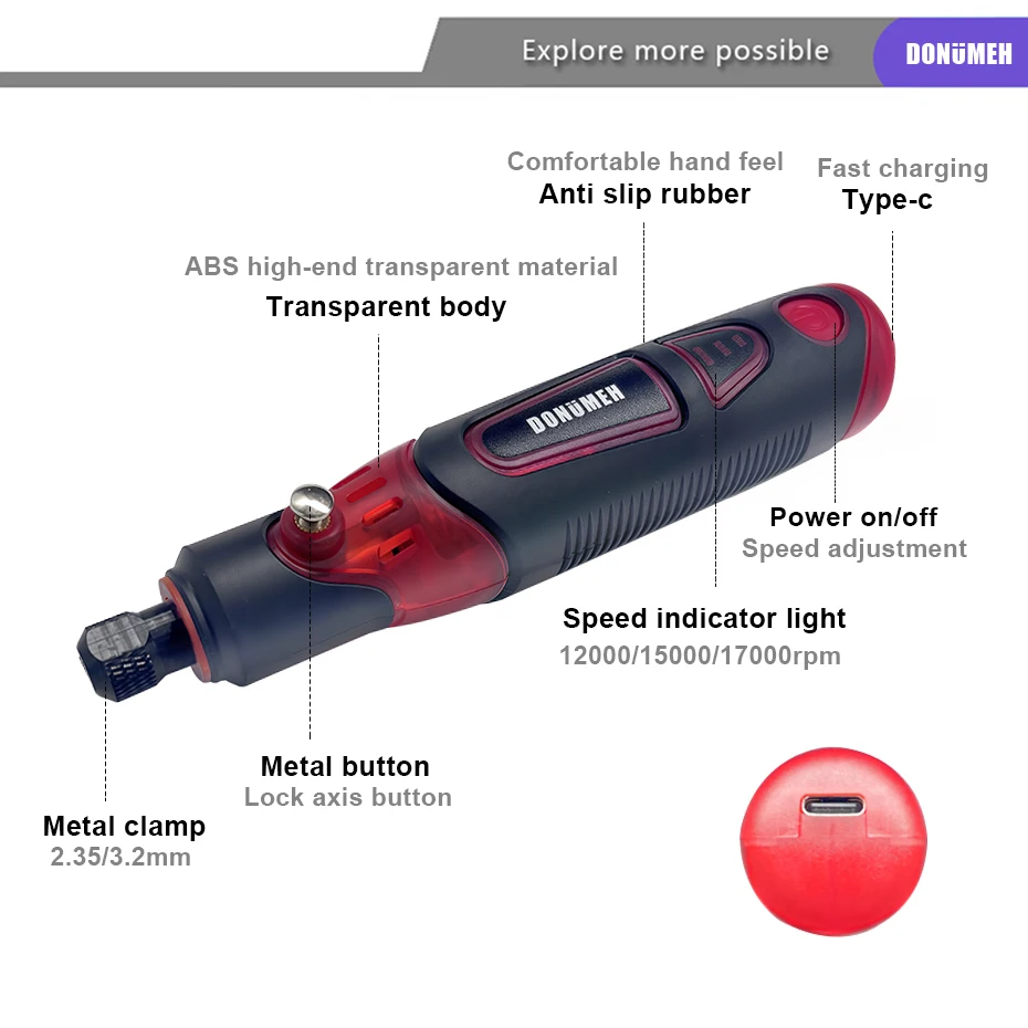 DONUMEH Mini Cordless Rotary Tool Kit 3.6V Rechargeable Grinder 3 Speeds Type-c Multi-Purpose for Polishing Sanding Engraving