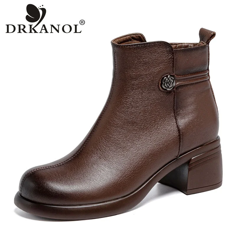 

DRKANOL Fashion Women Thick High Heel Short Boots Handmade Retro Style Side Zipper Genuine Leather Winter Plush Warm Ankle Boots