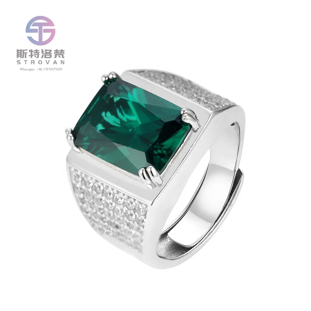 

Hot Sale Original 925 Sterling Silver Inlaid Rectangular Natural Emerald Bold Men's Open Ring Luxury Simple Ring Accessories