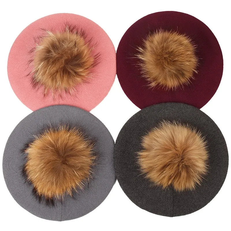 

Fashion Winter Women Beret Women Hat Real Raccoon Fur Pompom Beret Wool Cashmere Natural Fur Ball Female Beret Cap