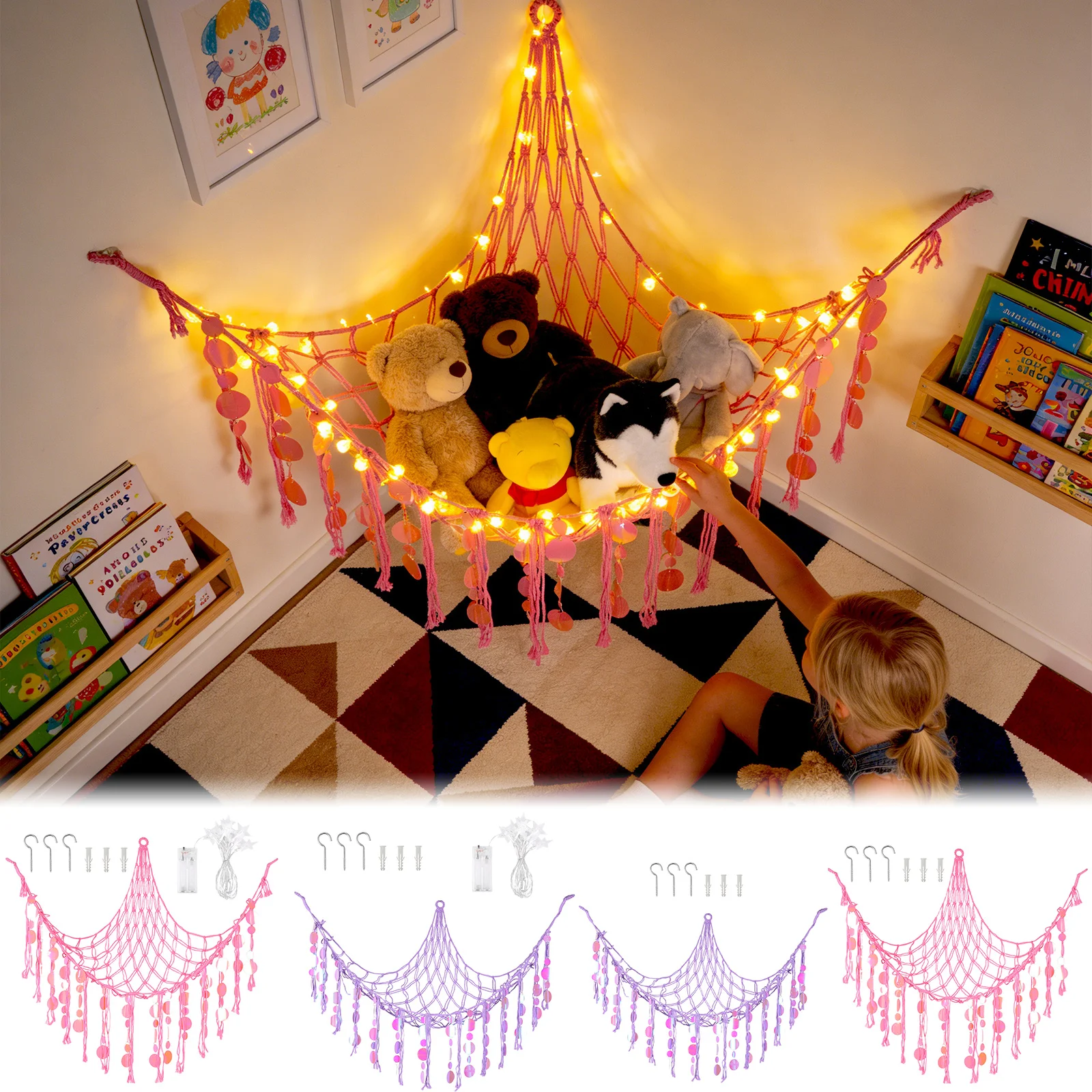 

Boho Plush Toy Hammock Large-capacity Plush Animal Hammock Net with LED Lights Bedroom Corner Storage Toy Wall Room Decoration