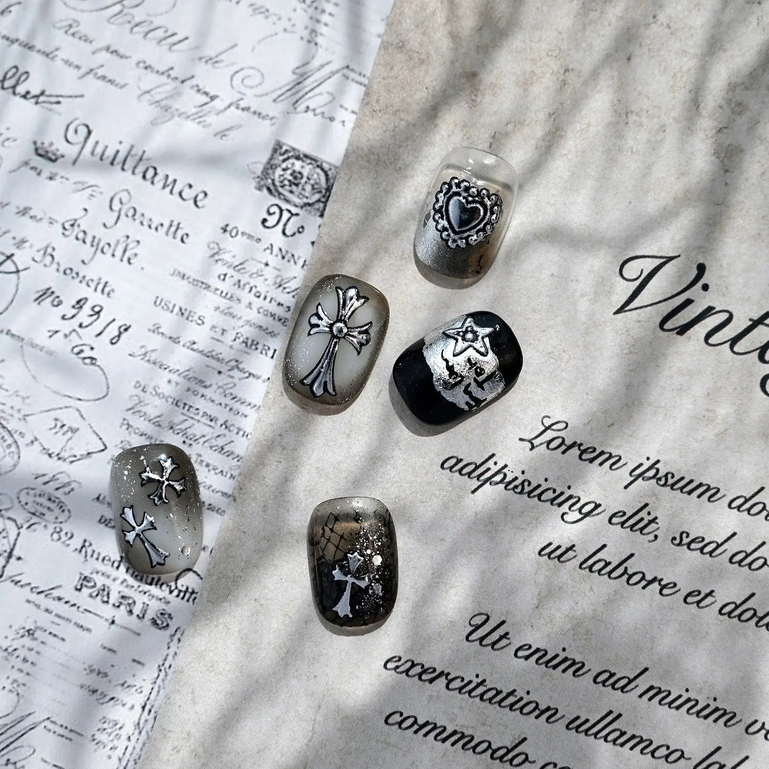 Dark Silver Cross Nail Stickers Retro Punk Heart Rivet Design Self Adhesive Premium Vinyl for Women Party Decor view 3