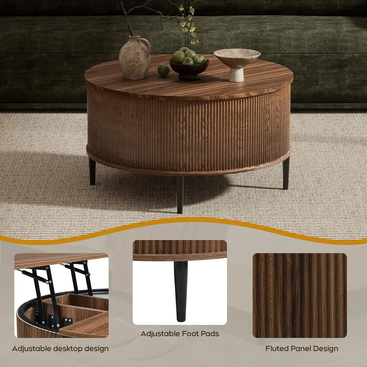Round Coffee Table With Storage, 31.5" Lift Top Coffee Table，Fluted Modern Wooden Center Table For Living Room, Small Space