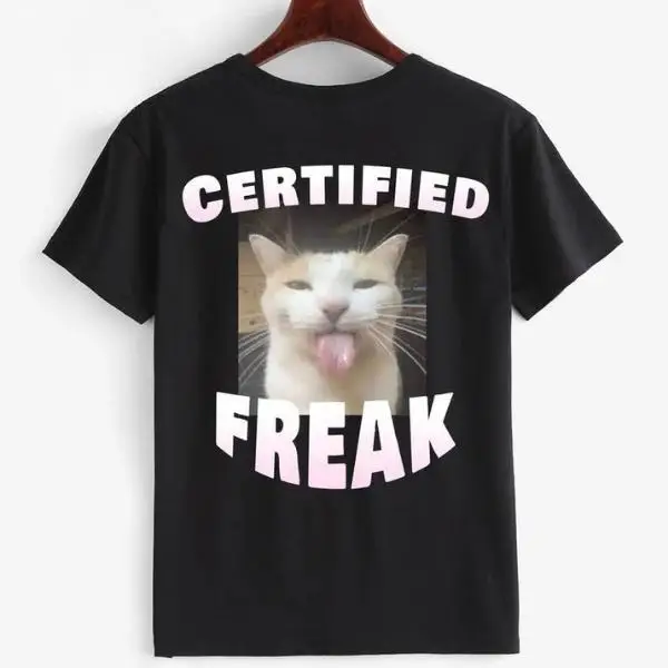 

Unisex Certified Freak Cat T Shirt Funny Meme Graphic Tees Oversized Loose Short Sleeve Tops Casual Streetwear