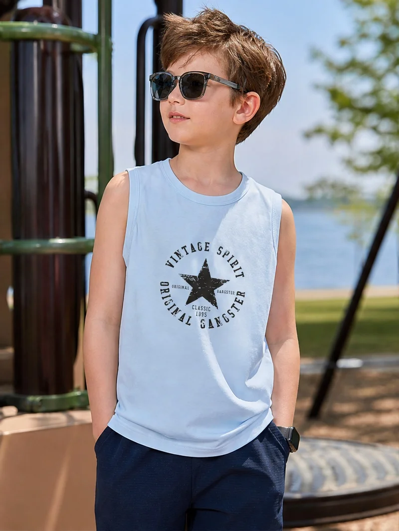 Boys Cotton Singlet Vintage Five‑Pointed Star Graphic Print Summer Kids Sleeveless Top 3-14Y