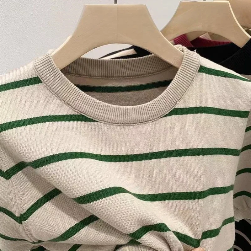 Casual Retro T-Shirt Sweet New Women Fashion Striped Cropped Knit Sweater Vintage O Neck Short Sleeve Female Pullovers Chic Tops