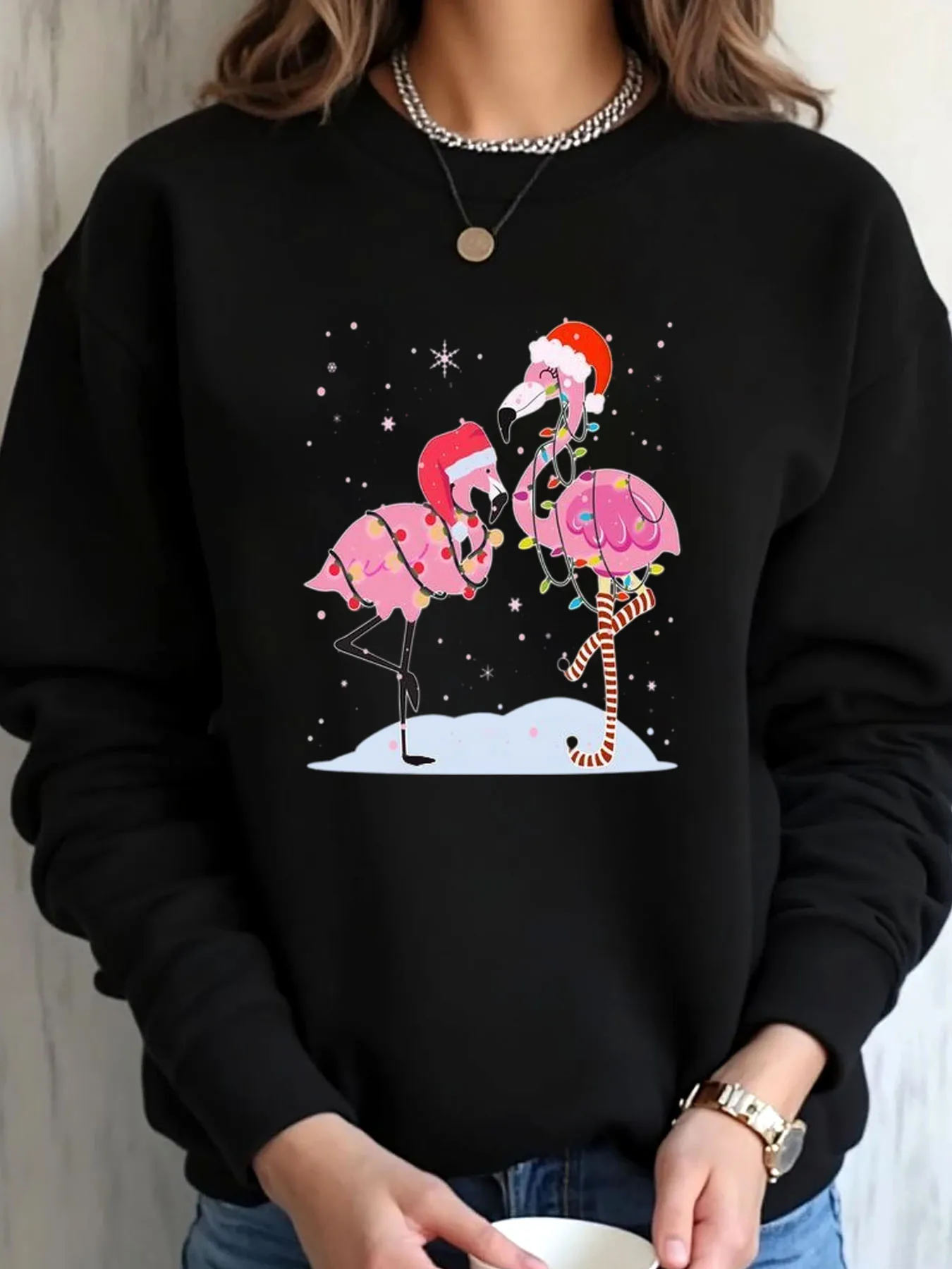 Женская толстовка большого размера с рождественским принтом фламинго, уличная одежда
