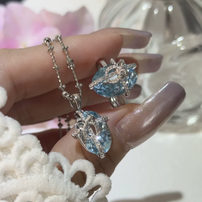 Cameo Natural Sky Blue Topaz Ring Pendant Jewelry Two Piece Set Women S925 Pure Silver Light Luxury Exquisite Bowkont Gift