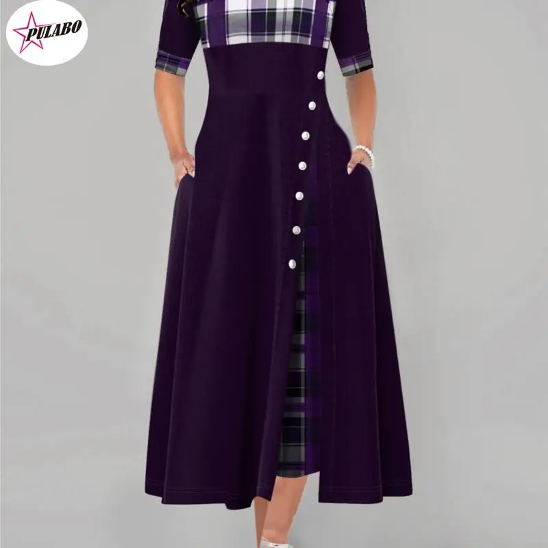 PULABO 4xl 5xl Donna Elegante Lungo Plaid Stampa Abiti da festa Irregolare Ladies Vintage Button Dress Patchwork A-Line Femminile