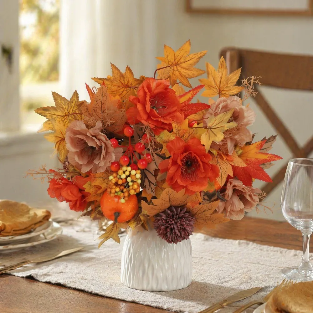 Autumn Artificial Flowers Bouquet Silk Maple Leaf Berry Pumpkin Fake Plant Thanksgiving Halloween Home Decor 2026 Party Supplies - view 5