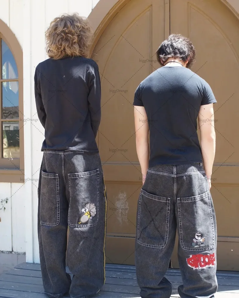 الهيب هوب الشرير Harajuku فضفاض الجينز الرجال القوطية خمر الشارع الشهير بنطلون شارع العليا الرجعية الهيكل العظمي عالية الخصر السراويل المستقيمة #1