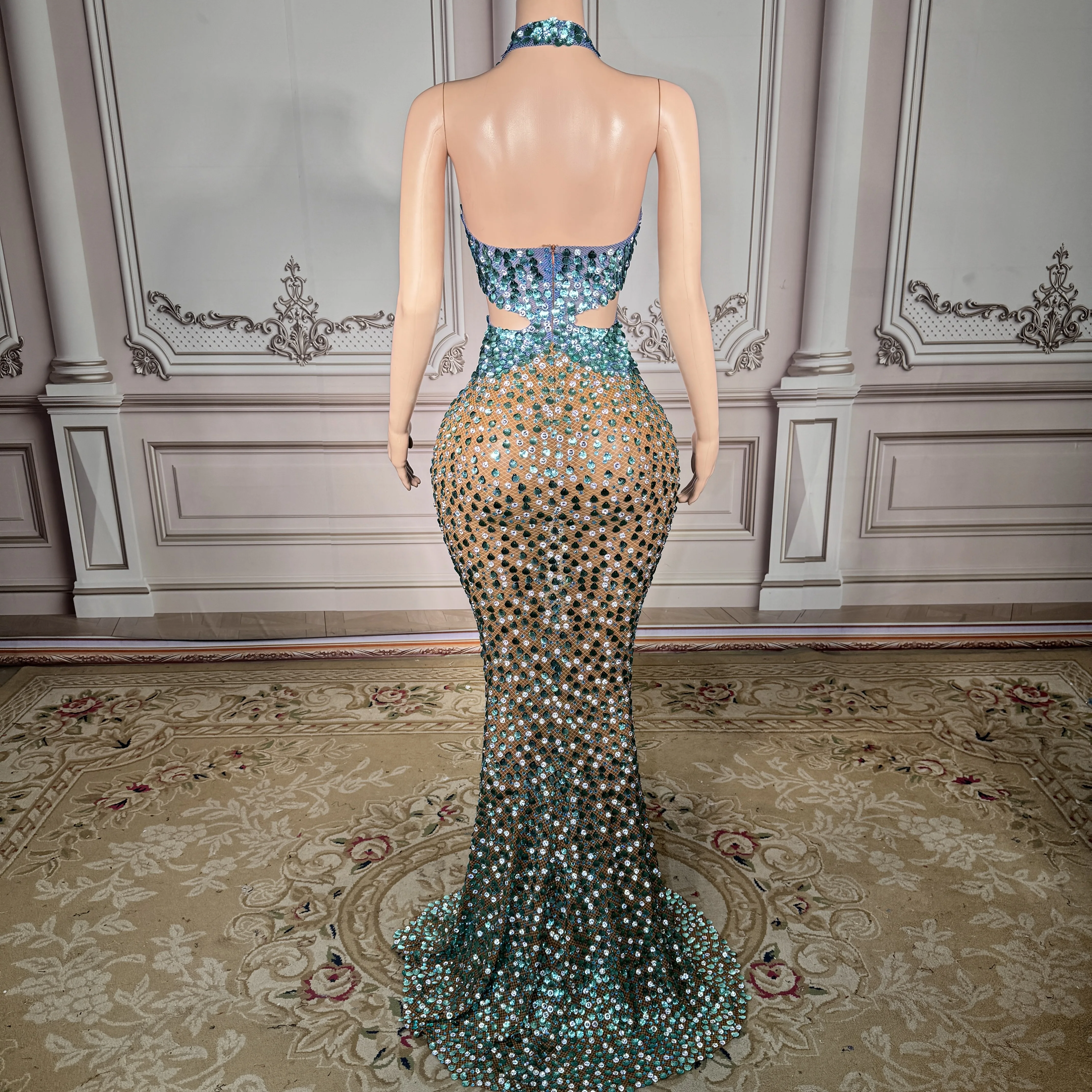 ZD Abito da sera sexy con strass scintillanti da donna Abito lungo trasparente con scollo all'americana di lusso per il ballo di fine anno 2025