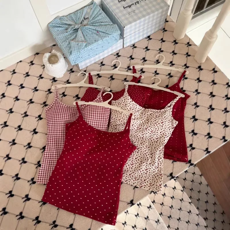 Red Color Scheme 2026 New Year Print Camisole Tank Top with Chest Pad Slim Fit Base Layer Super Beautiful Top Women's Fashion