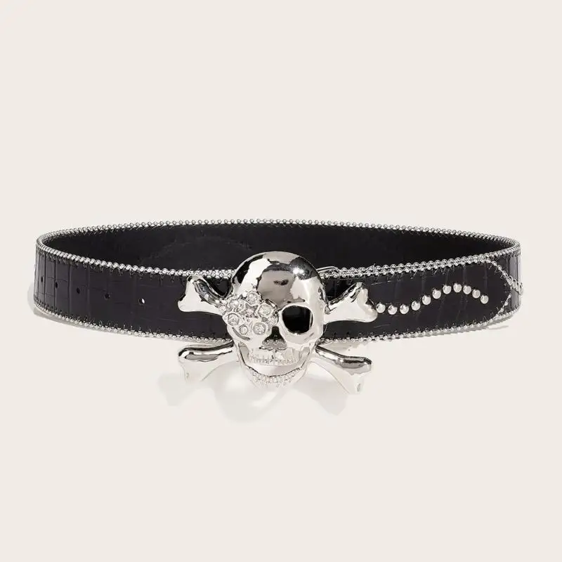 

A52E Adult Waist Belt with Rhinestones Skull Buckle Adjust Length PU Waist Belts for Rock Fan Wear Resistant PU Leather Belts