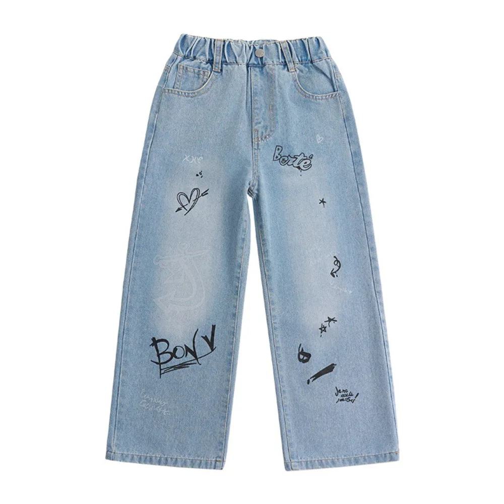 English Letter Children Jeans Straight Graffiti Blue Teen Girl Jeans High Waist Loose Leg Girls Denim Trousers Kids Children