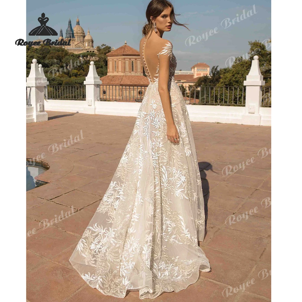 Boho Sexy Flowers Applique A Line Wedding Dresses 2027 V Neck Open Back Beach Bridal Gown Customized vestido de novia