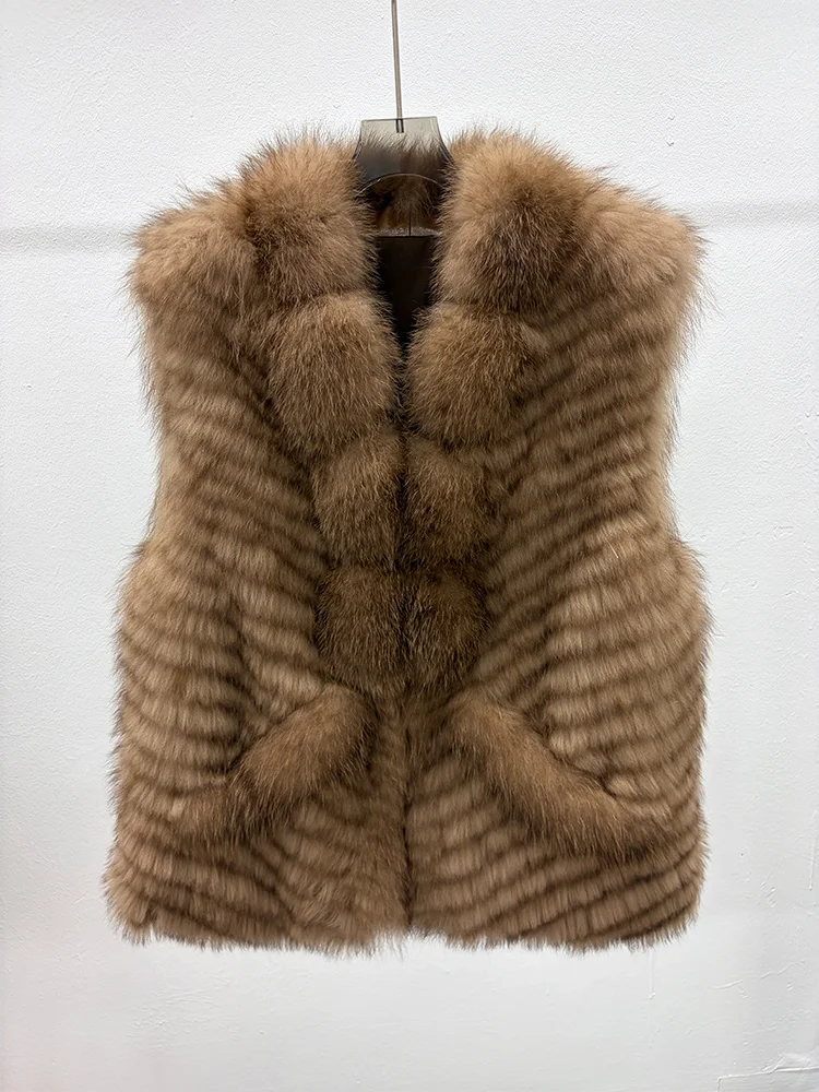 2026 New Autumn Winter Warm Natural Fox Fur Vest Coat Real Fur Strip Sewed Toghter Waistcoat Female Outwear Women Jacket